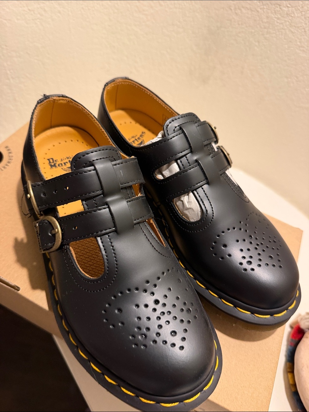 Dr. Martens Black Double-Buckle Mary Jane Shoes with Yellow Stitching - Picture 6 of 6